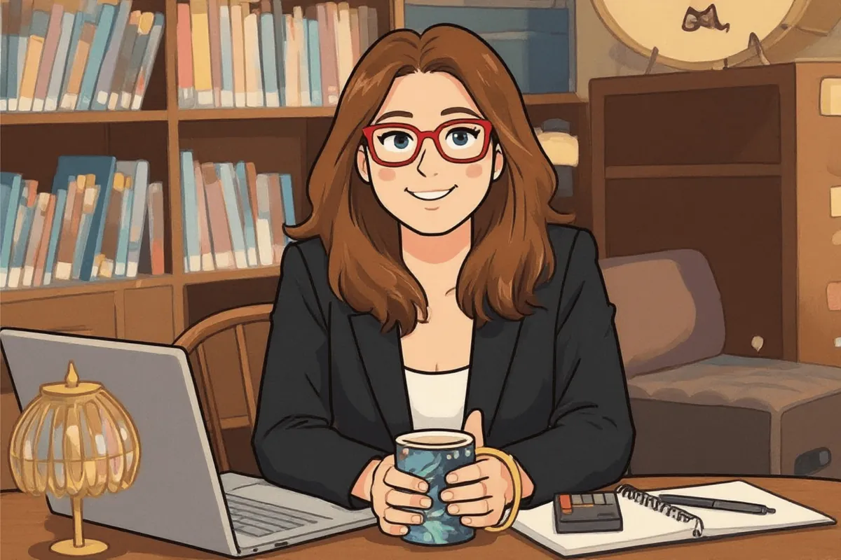 Cartoon of Natalia Paich at her desk with a mug of coffee, her laptop open and a wall of books behind her